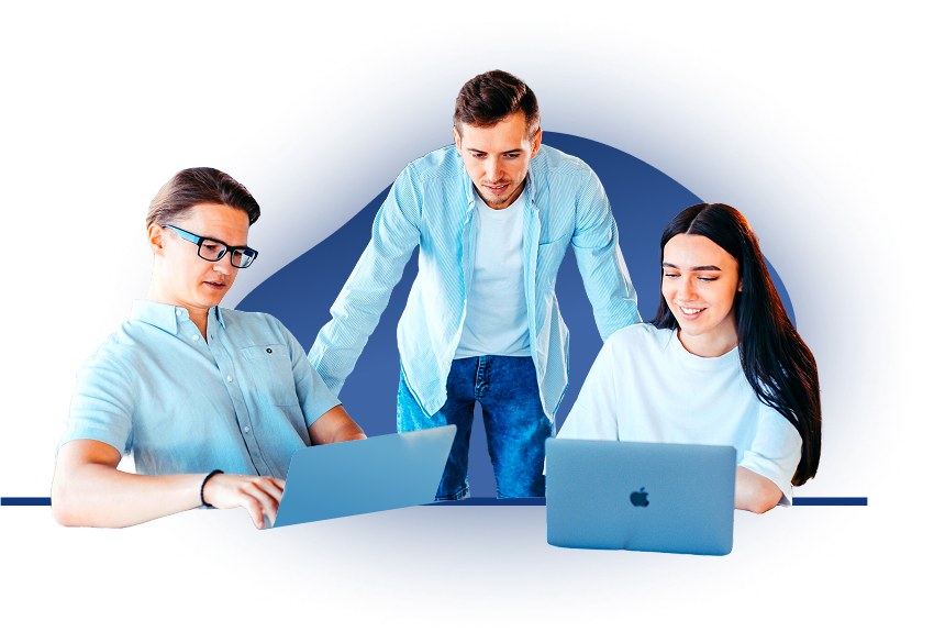 Three people engaged with laptops, with a striking blue backdrop.